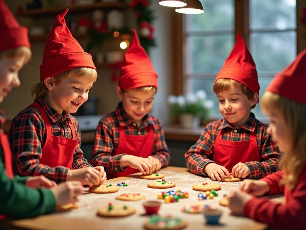 A group of children wearing red hats and aprons are happily decorating cookies. They are focused on their activities, placing colorful candies and icing. The warm light coming from the window adds a cozy atmosphere. The kitchen is filled with festive decorations, with a sense of joy and togetherness. This scene captures the essence of childhood joy during the holiday season.