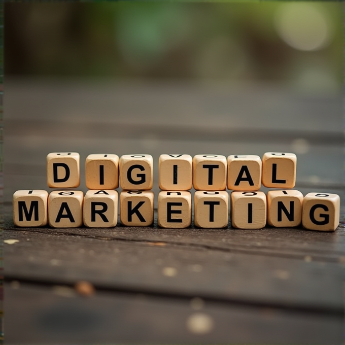 Wooden cubes with letters spelling 'DIGITAL MARKETING' are arranged on a dark wooden surface with a blurred green background.