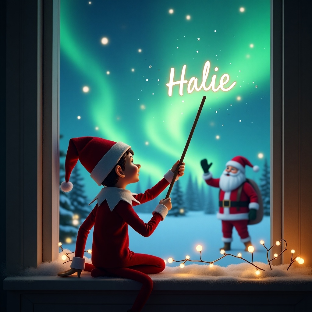 An elf on the shelf sits with his back to the viewer, gazing up at the sky through a snowy window. He holds a wand, creating glowing letters as he writes 'Hallie' in the night sky. Outside, a magical Christmas scene unfolds with vibrant northern lights and Santa Claus waving cheerfully. The room is cozily decorated with twinkling lights and snowflakes gently falling outside. The atmosphere is enchanting, perfect for the holiday season, inviting a sense of wonder and joy.