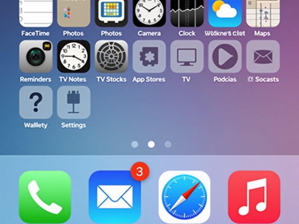 The image shows a home screen of an iPhone with various app icons displayed. The icons include FaceTime, Calendar, Photos, Camera, Mail, Clock, Maps, Weather, Reminders, Notes, Stocks, TV, Books, App Store, Podcasts, Wallet, and Settings. Notably, the Safari icon and other apps like Phone and Messages are located at the bottom dock of the screen. The background is a gradient, enhancing the visual contrast of the app icons.