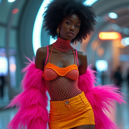 Display a model in futuristic avant-garde couture. The attire should be stylish and luxurious with high impact. Use bright, vivid colors and a sculptural design that feels surreal. Reflect elements of abstract dimensions and a galactic theme. Aim for an artistic representation that evokes fantasy and perfection. The model should embody confidence and contemporary street-style influences as well as hip-hop culture.