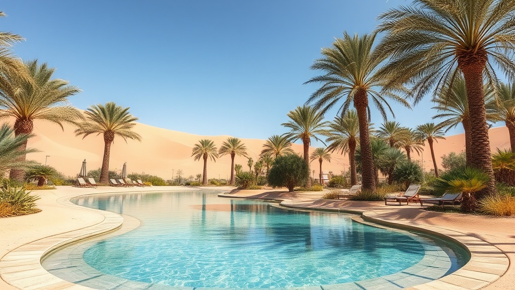 The image depicts a luxurious poolside oasis set amidst a desert landscape. Tall palm trees encircle the serene swimming pool, creating a sense of tranquility and luxury. The desert dunes in the background add contrast to the lush, tropical atmosphere around the pool, enhancing the oasis effect.