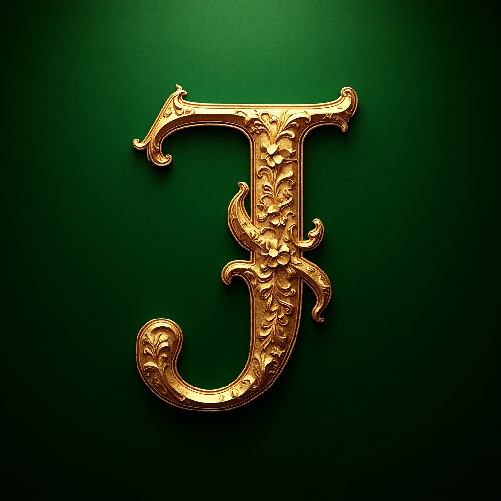 Luxurious golden letter J with intricate engravings on rich green background.