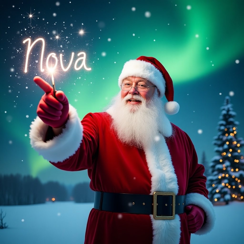 Image of Santa Claus in a red suit pointing with a sparkling wand The word 'Nova' appears in the sky Snowflakes are falling around him Northern lights create a magical backdrop with winter scenery