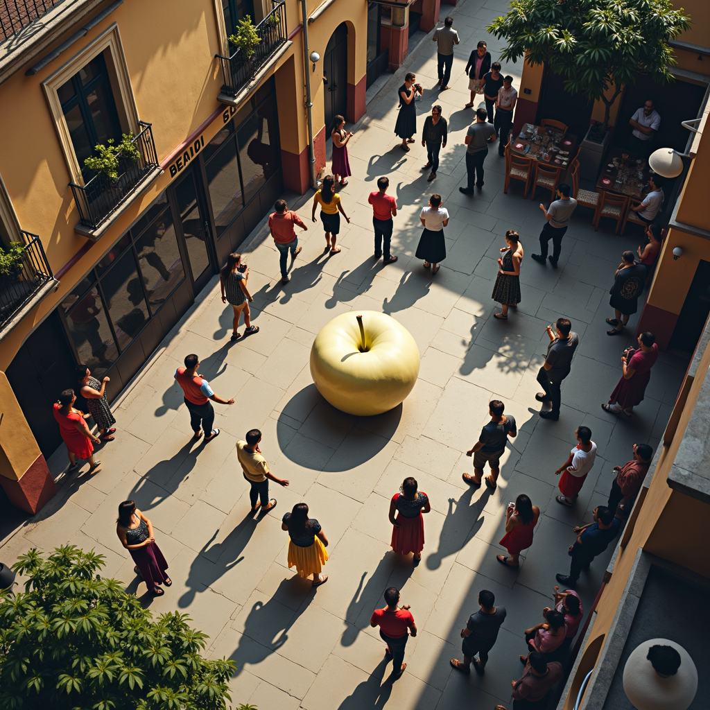 People gather around a large golden apple sculpture in an outdoor courtyard, casting elongated shadows in the sunlight.