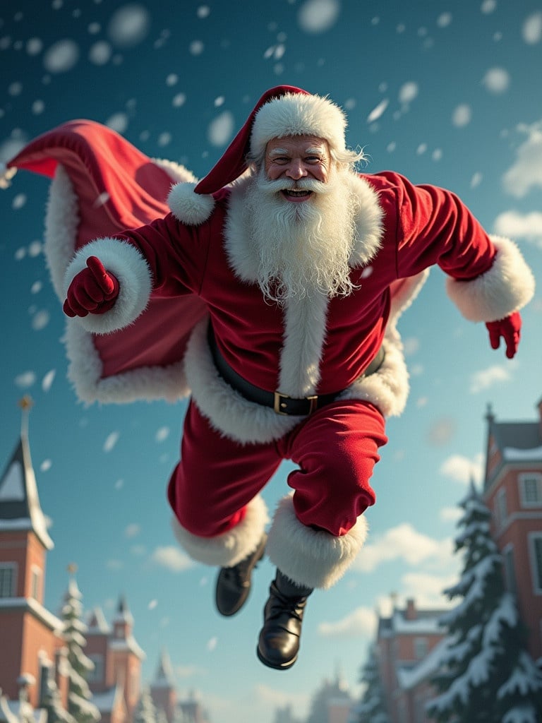 Santa Claus flying like Superman. Festive attire, red and white costume, joyful expression. Surrounded by snow and holiday decorations. Dynamic scene, spreading festive cheer.