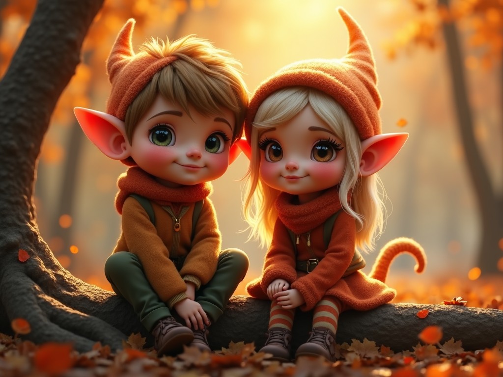 A charming illustration of two elf children in a magical forest during autumn. The boy has blonde hair and the girl has light hair, both styled in cute outfits that match the fall colors. They are sitting together on a log, surrounded by beautiful orange and yellow leaves. The background is softly lit, creating a warm and inviting atmosphere. The entire scene evokes a sense of magic and friendship, perfect for a children's story or seasonal decor.