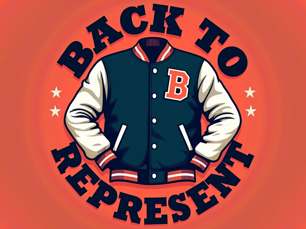 This illustration features a varsity-style jacket with the letter 'B' prominently displayed on it. The text 'Back to Represent' arches over and under the jacket, set against a vibrant orange background. The classic design evokes a sense of nostalgia and school spirit, highlighted by bold letters and stars flanking the composition.