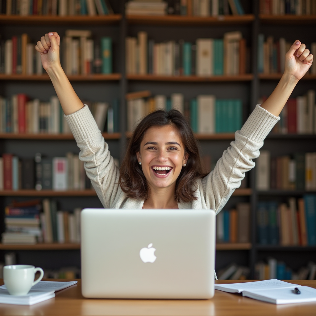 The image features a woman sitting at a desk with a laptop, displaying a joyful and triumphant expression. She has her arms raised in celebration, suggesting she's achieved something significant. Her surroundings include a well-organized bookshelf filled with various books, indicating a studious or intellectual environment. The desk also has a cup and some papers, hinting at a productive working or studying session. The lighting highlights her facial expressions, emphasizing her excitement and happiness.