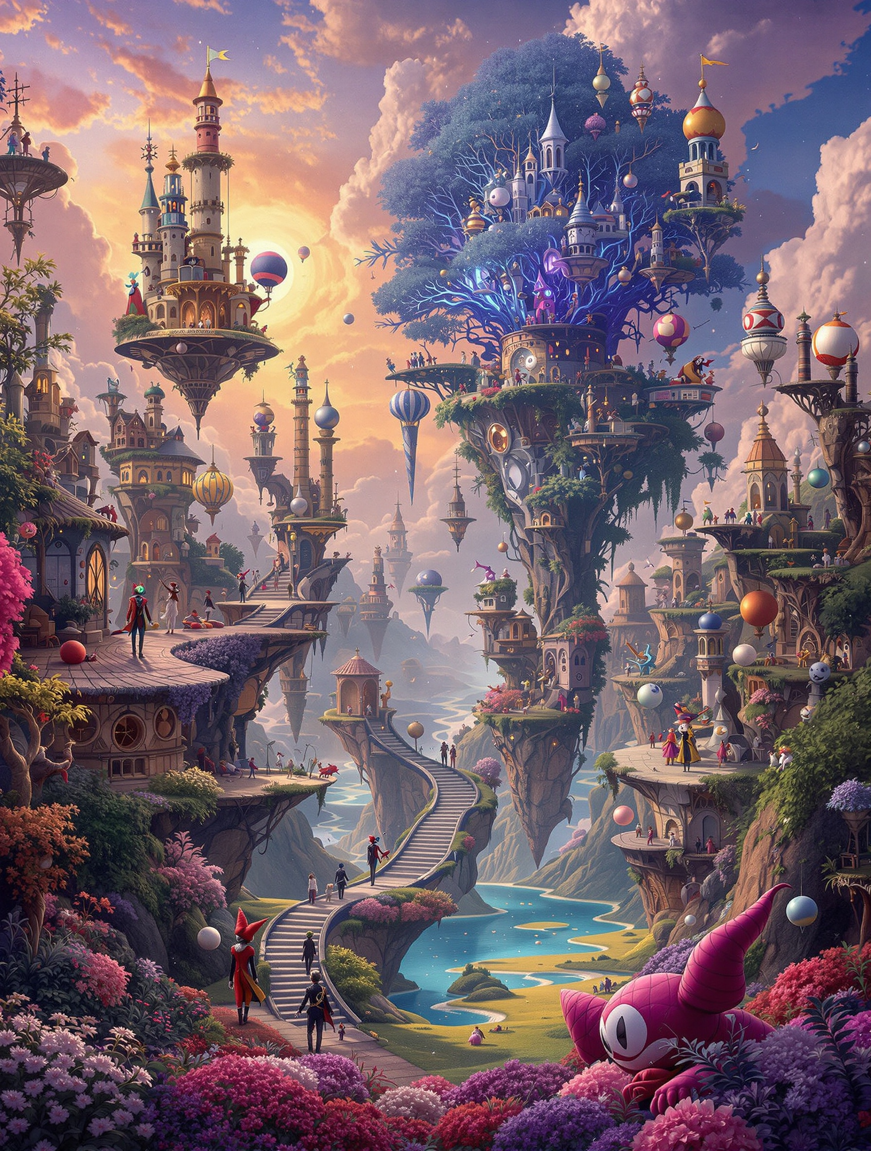 Surreal scenery depicting a fantastical world inspired by Commedia dell'Arte. Features unique buildings on trees. Includes whimsical characters and floating balloons. Bright colors with soft lighting. Digital artwork in the style of Wojtek Siudmak.