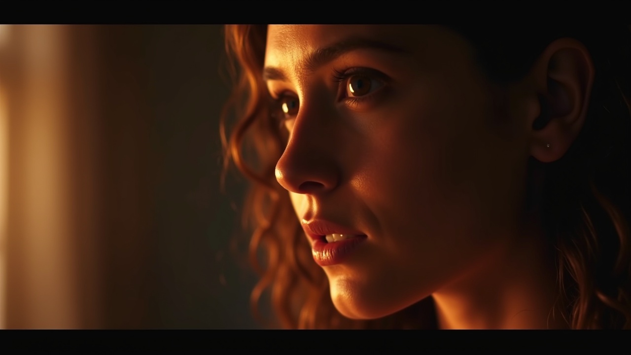 a cinematic close-up portrait of a woman in warm lighting