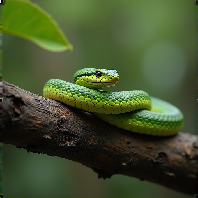 A vibrant green snake is coiled on a tree branch with a blurred green background.