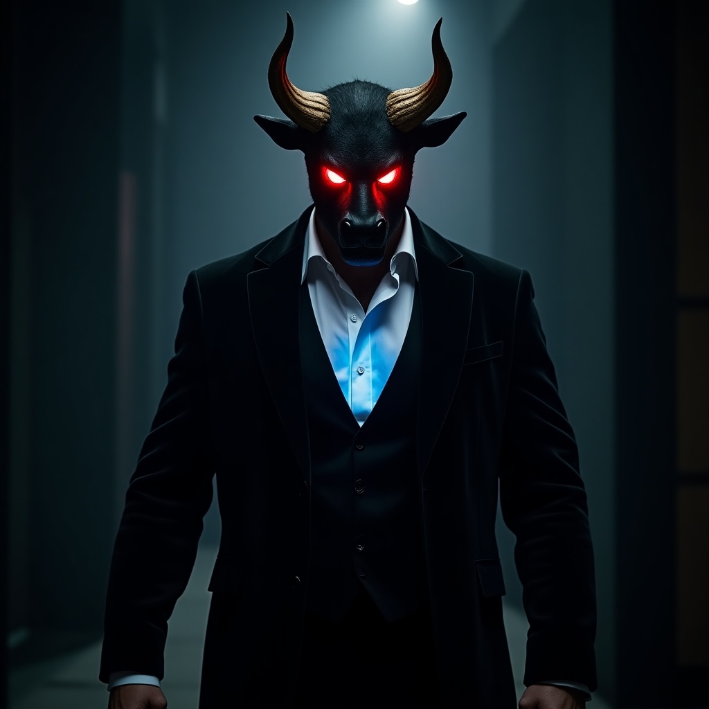 A confident muscular man in a black Victorian-style suit strides down a dark path. He wears a minotaur mask with glowing red eyes and golden highlights. The setting is eerie, contrasting the elegance of his dress with the monster's nature. The shirt shines with blue light.