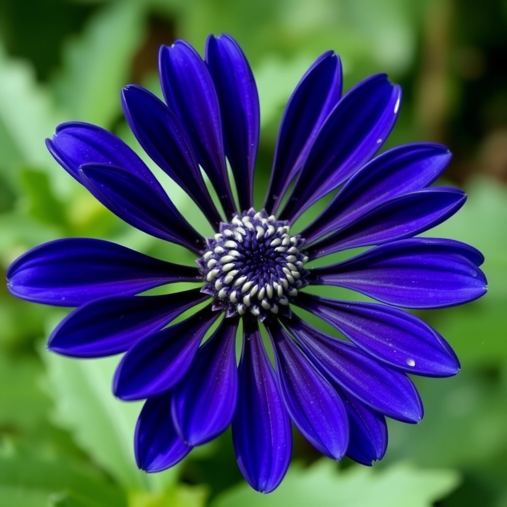 Close-up of a striking indigo flower with symmetrical petals.