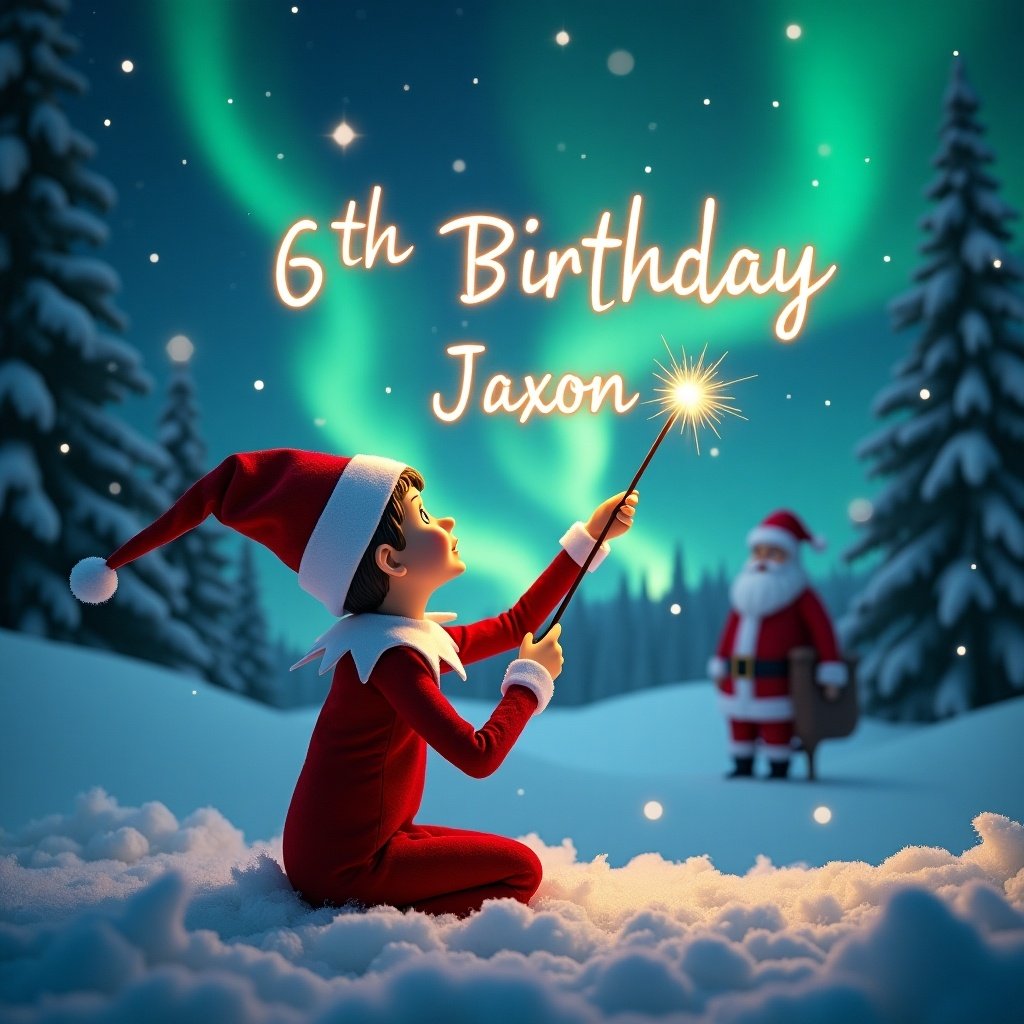 Enchanting Christmas scene featuring elf on shelf. Elf sits with back to us, gazing upwards. Wand writes 'Happy 6th Birthday Jaxon' in night sky. Northern lights decorate background with distant Santa. Snow blankets ground, creating serene winter wonderland. Captures essence of holiday joy and wonder.