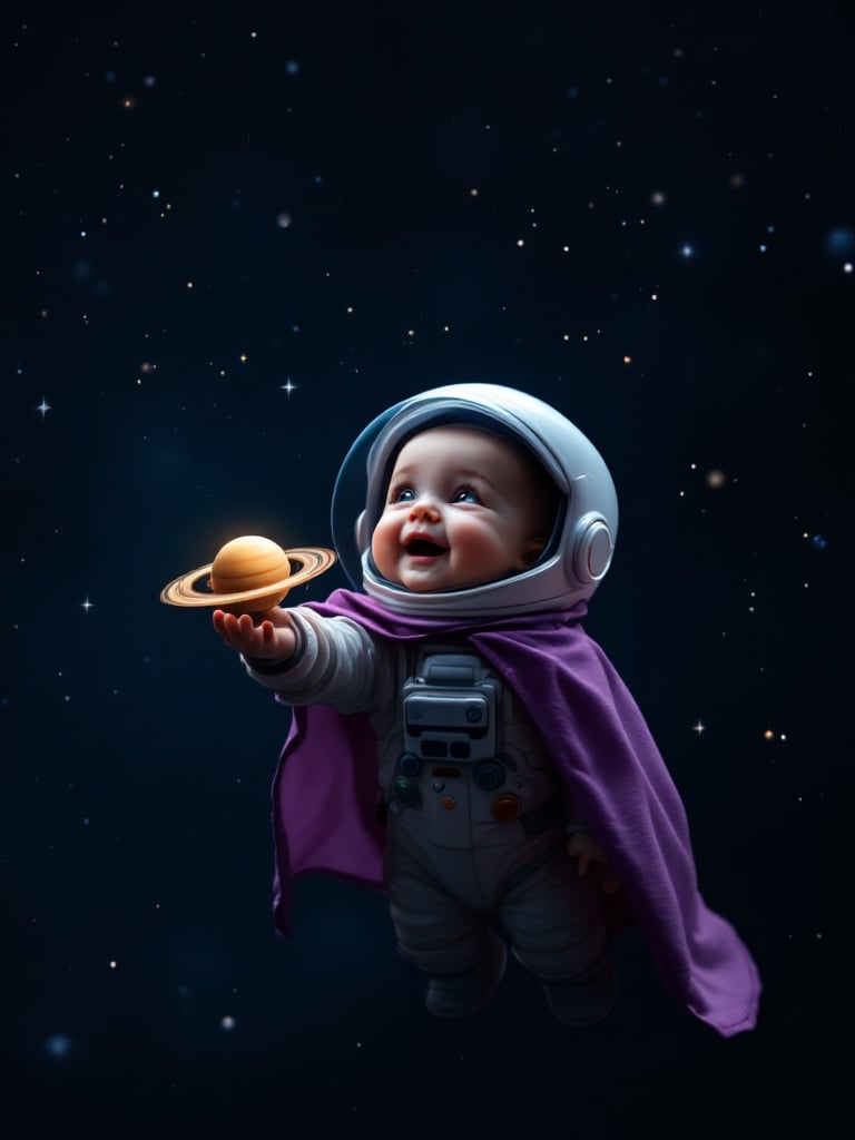 A baby astronaut floats in space wearing a purple cape. He reaches for a toy planet Saturn. The cosmos is filled with stars. The atmosphere is playful and adventurous. Soft light illuminates the scene.