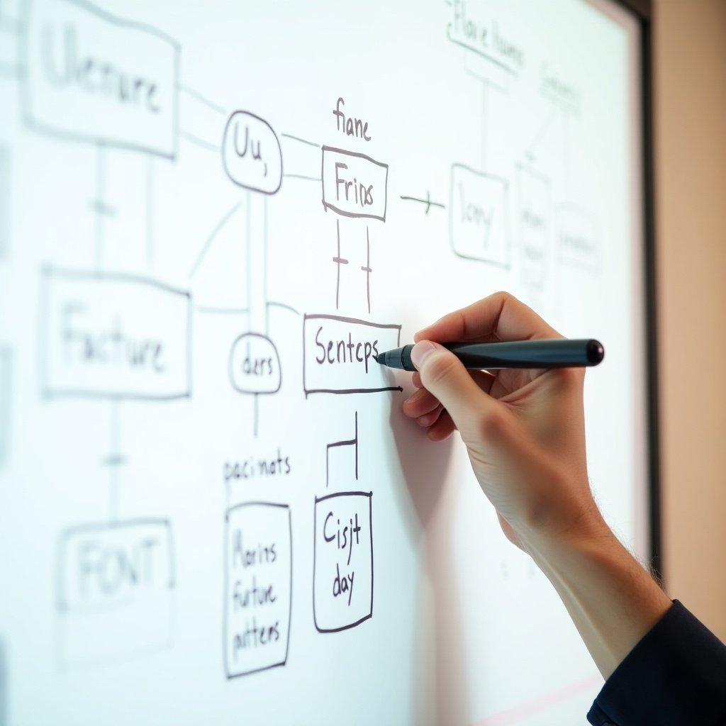 A hand is actively drawing a flowchart on a whiteboard using a black pen. The flowchart includes various elements like 'Fries,' 'Sentceps,' and 'Cisjt day.' The background is a standard whiteboard surface, making the diagram stand out. This scene suggests a collaborative and educational environment, typical in classrooms or meeting spaces. The drawing style is simple yet clear, indicating a focus on communication and brainstorming. Overall, the image conveys a sense of organization and planning, commonly seen in business strategies or educational settings.