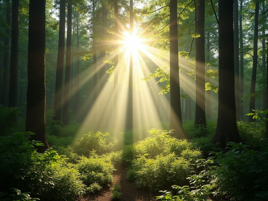 This image depicts a serene forest scene where sunlight filters through tall trees, creating a beautiful interplay of light and shadow. The rays of light cast down onto vibrant green foliage, highlighting the lushness of the underbrush. It's a tranquil setting that evokes a sense of peace and connection to nature. The tall trees create a sense of majesty while the light brings a feeling of warmth and hope. This scene is perfect for anyone who appreciates the beauty of natural landscapes.