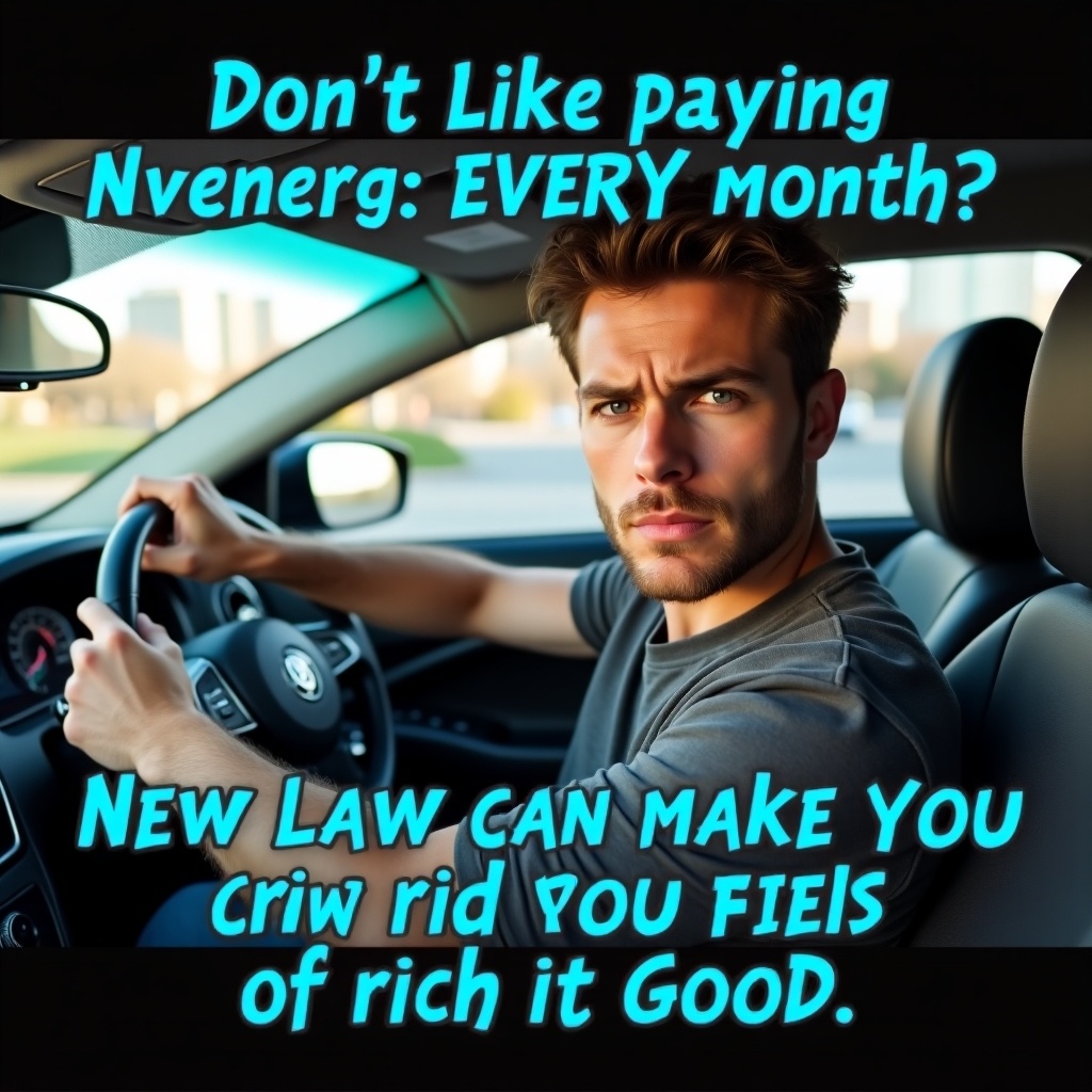 A young man is driving a car with a serious expression on his face. He seems to be contemplating something important related to energy costs. The image contains a message addressing concerns about monthly energy payments to NVenergy. It suggests that a new law can help individuals get rid of these payments for good. The background showcases a modern city, emphasizing a sense of urgency and relevance to urban life.