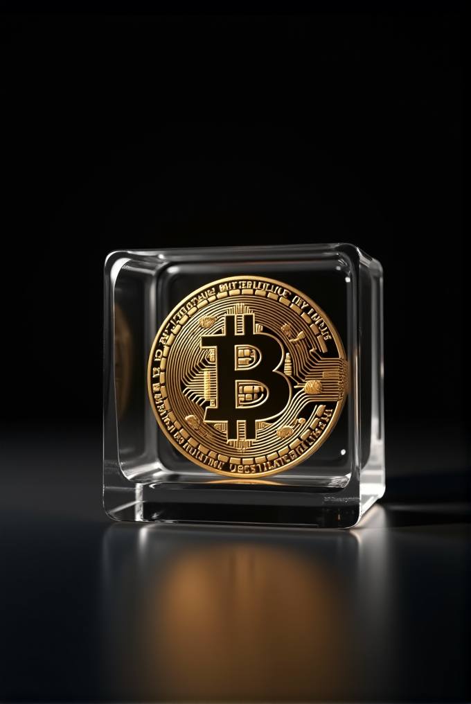 A gold Bitcoin is encased in a transparent cube, displayed against a dark background.