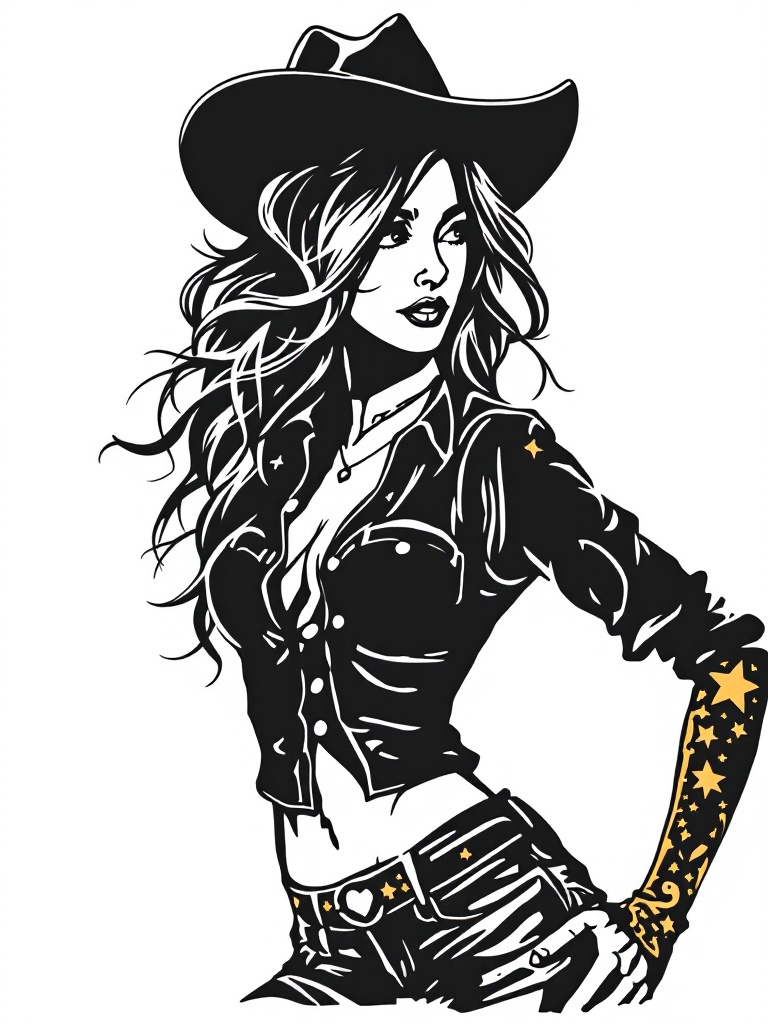 Stylized vector illustration of a cowgirl in a sassy pose. Features black and white outlines with accents of gold. Designed in a stencil style. Captures the essence of southern culture.