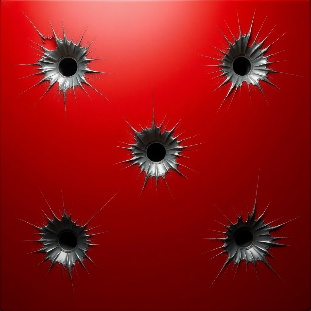 Realistic image depicting five bullet holes in shiny red sheet metal. Holes reveal grey matte steel underneath. Edges of holes appear deformed. Sharp light beams shine through holes, creating a striking visual effect.