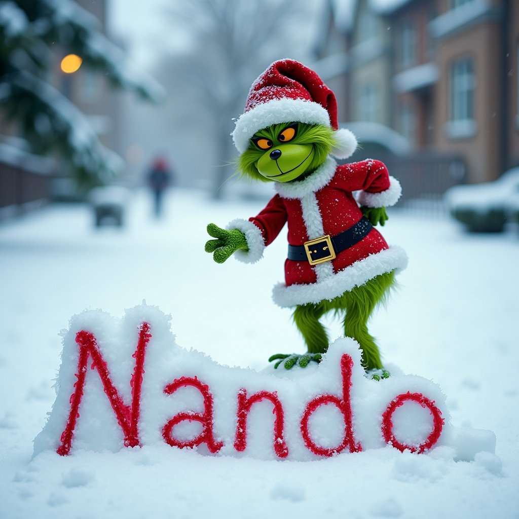 A Christmas Grinch character dressed in Santa outfit writes name Nando in snow during winter setting.