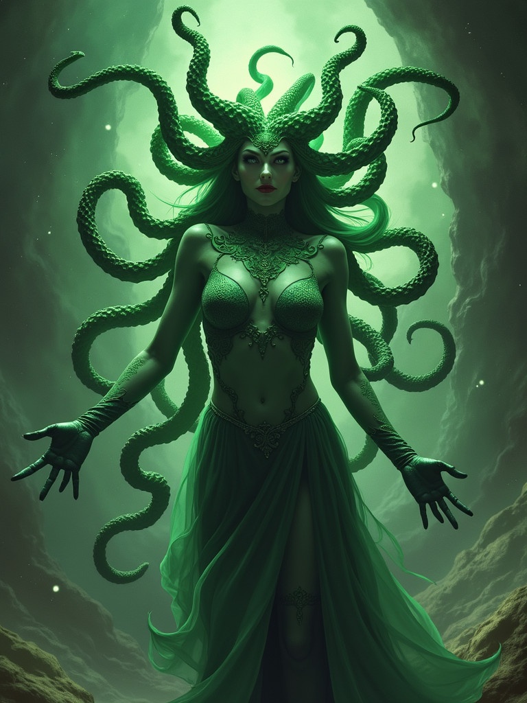 An artistic depiction of Medusa with snake hair in a mystical, ethereal realm surrounded by fog and light. The figure is draped in flowing green attire, exuding an aura of power and mystery.