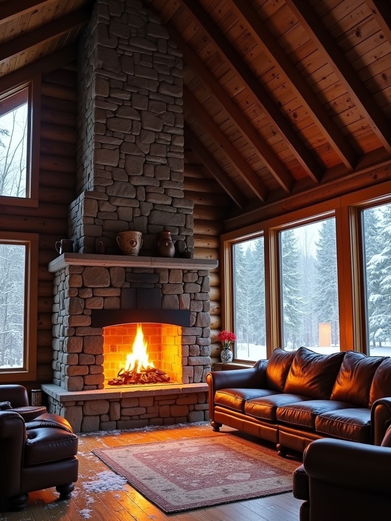 Cozy fireplace inside rustic cabin. Tall stone chimney with warm glowing fire. Large windows show snow falling outside. Comfortable seating arranged near fireplace. Peaceful and inviting ambiance for cold winter days. Perfect for relaxation and comfort.