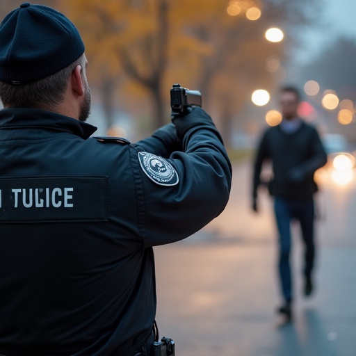 Police officer in uniform points a gun towards a suspect running away. The scene depicts a tense moment during a pursuit. The background shows blurred pedestrians and streetlights. Focus on the officer's back and the action of aiming a firearm.