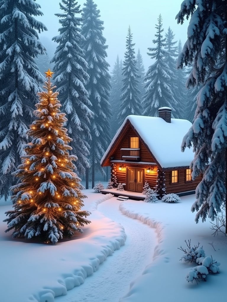 Serene Christmas scene. Cozy cabin. Snow-covered pine trees. Decorated Christmas tree. Warm lights in cabin. Christmas spirit in the air.