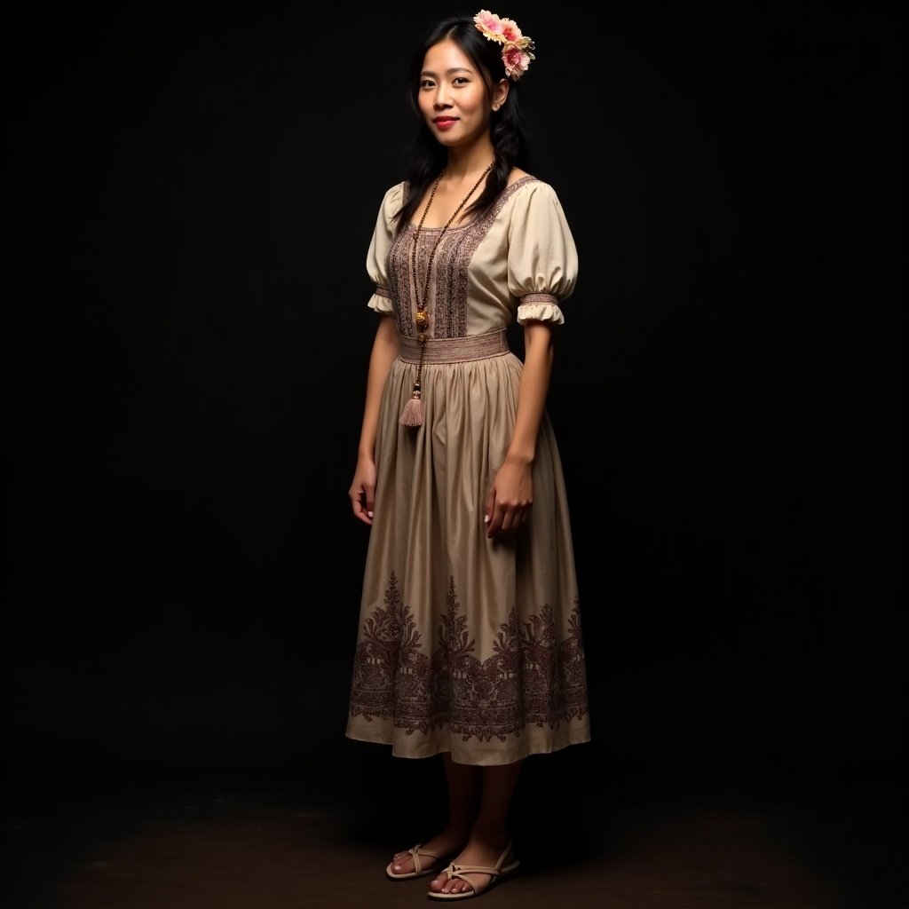 Full body portrait of a Filipino woman in traditional colonial dress. She wears a detailed bodice and patterned skirt. Accessories include sandals and a floral headpiece. Dark background highlights attire.