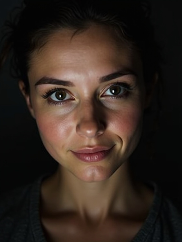 Portrait captures woman with expressive eyes. Soft lighting highlights features against dark background.