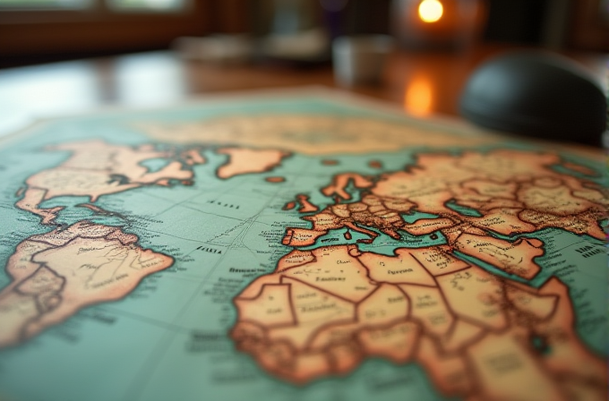 A close-up of a vintage-style world map spread on a wooden table with a candle in the background.