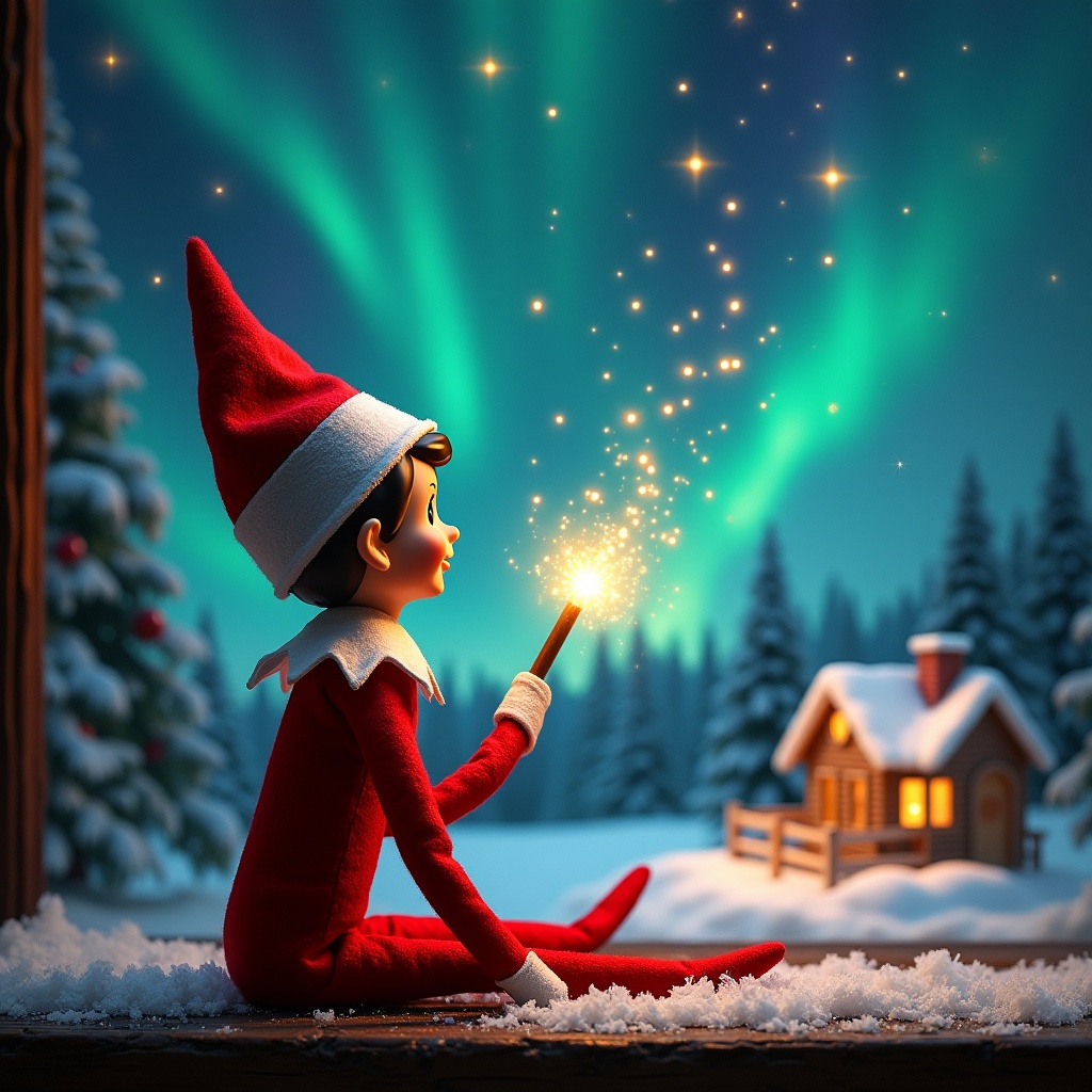 An elf on the shelf sits with its back to the viewer. The elf gazes skyward while holding a glowing wand. A charming Christmas scene is shown with colorful northern lights. A cozy house can be seen in the distance. Snow is on the ground. The elf embodies magic and wonder of Christmas. The name ‘Josh, Enzo & Laila’ appears in the air from the wand.