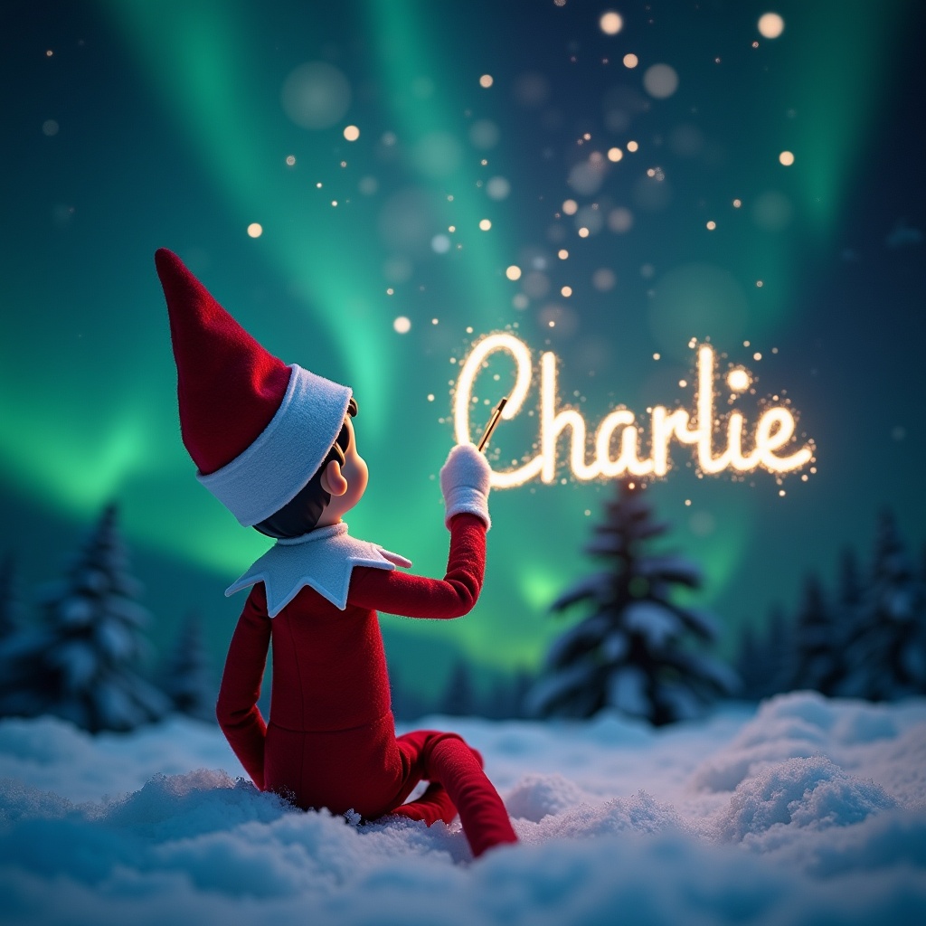 This image showcases an elf on the shelf positioned with its back to the viewer. Dressed in a traditional red outfit, the elf is looking up at a beautiful dark sky filled with vibrant northern lights. With a magic wand in hand, it is elegantly writing the names 'Scarlett' and 'Charlie' in sparkling letters against the backdrop. The snowy ground adds a serene touch to the magical scene. The overall atmosphere is filled with wonder and holiday joy, perfect for capturing the essence of Christmas.