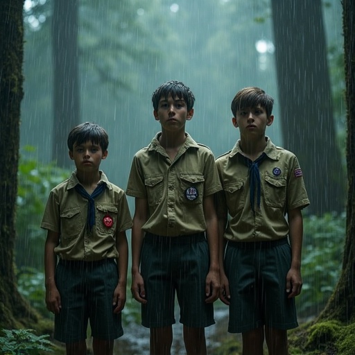 Three boy scouts standing in the rain in a forest. The boys show fear on their faces. They are frozen in place.