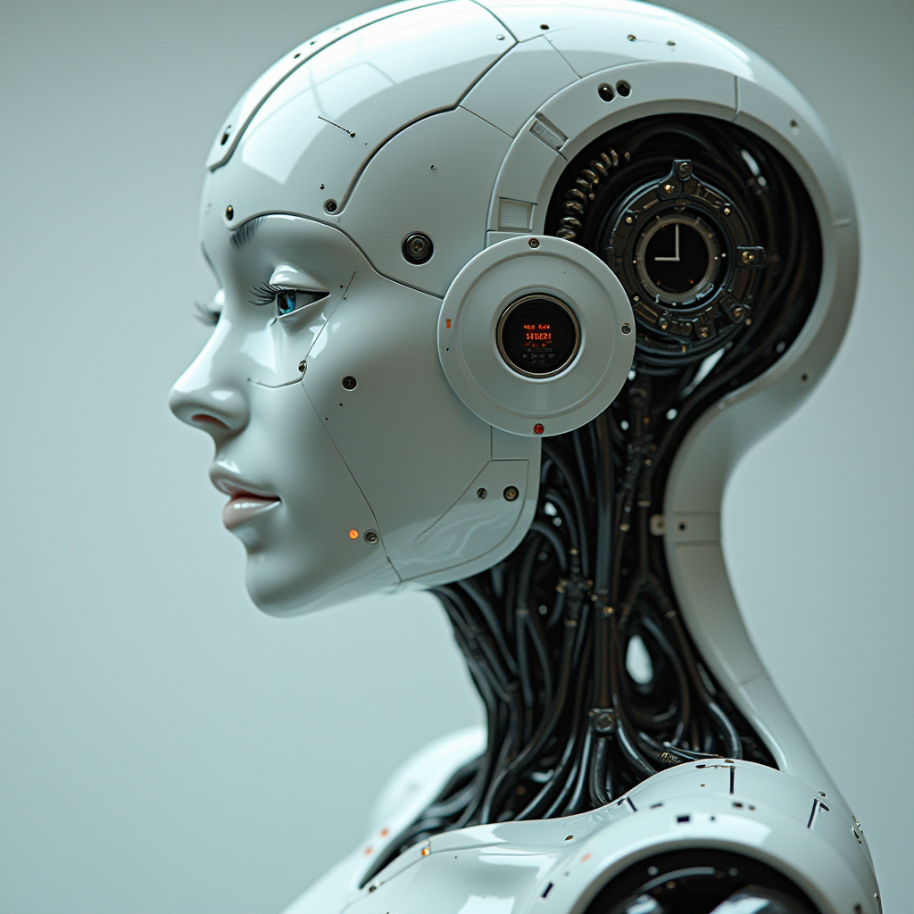 A detailed and intricate profile of a futuristic humanoid robot with a sleek white exterior and visible inner circuitry.