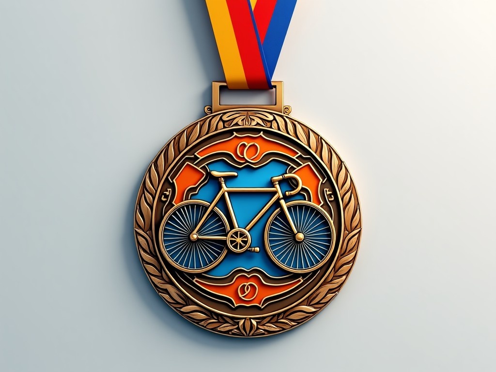 This image features a beautifully designed medal intended for cycling competitions. The medal showcases a stylized bicycle within an intricate emblem, complete with colorful details in blue, orange, and red. It has a vibrant ribbon attached to its top, giving it an eye-catching appearance. The design reflects the spirit of cycling and sportsmanship. This medal could be used for awards at cycling events or as a commemorative piece for participants.