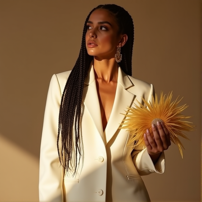 The woman in a white blazer holds a fluffy yellow object, with braided hair and statement earrings.