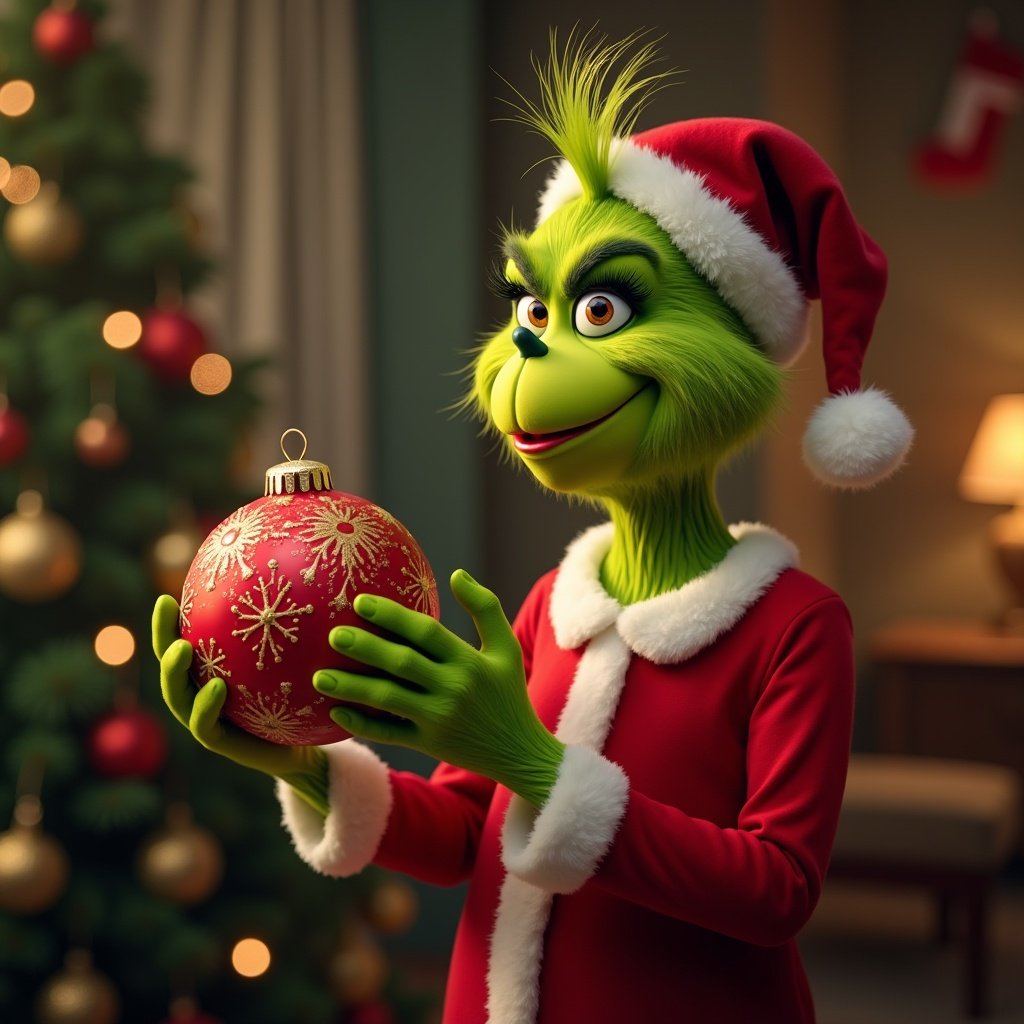 Grinch character dressed in a Christmas outfit holding a decorative bauble.