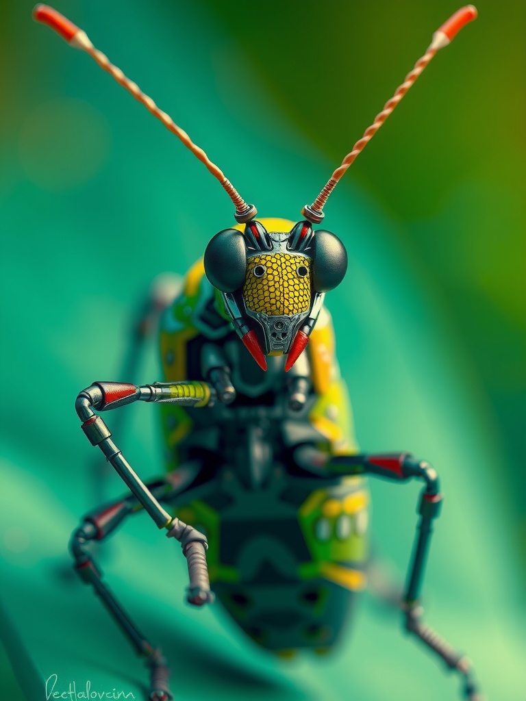 This digitally created image features a highly detailed mechanical mantis-like creature, vividly designed with a blend of metallic textures and bright colors. The intricate design includes parts that mimic joints and exoskeleton patterns, imbued with vibrant greens, reds, and yellows that give the creature an almost lifelike appearance. The blurred green background suggests the natural habitat, adding contrast to the mechanical subject.