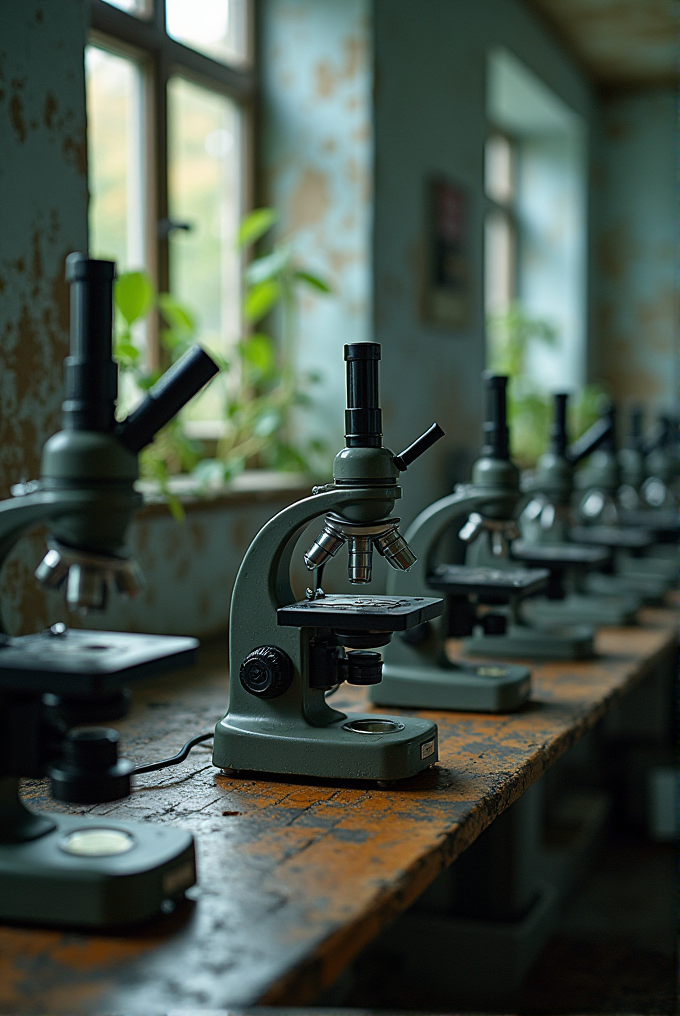 Several vintage microscopes line a wooden table in a dimly lit room with large windows.