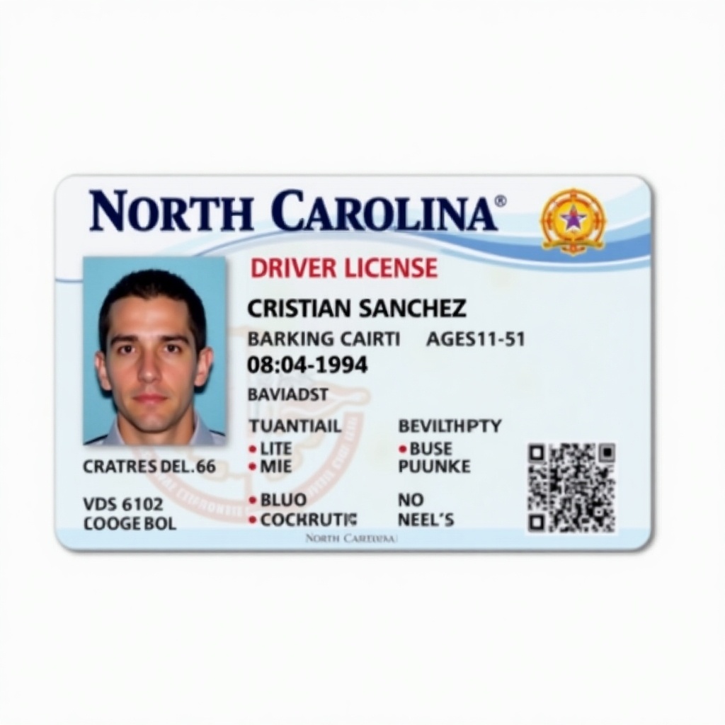 This image presents a North Carolina driver license card designed with the name Cristian Sanchez. The card indicates that the individual is 30 years old, with a birth date of 08/04/1994. The layout follows a government-style format, lending it an official appearance. The identification photo shows a clear headshot of a male individual. The overall design is clean and visually appealing for verification purposes.