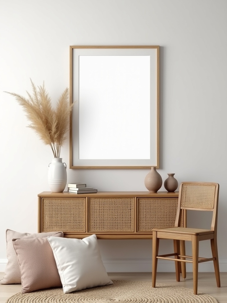 Design a Scandinavian living room. Include a rattan console table. Place a wooden chair beside the table. Mount a mock-up poster frame on the wall. Add pampas grass in a vase on the table. Include decorative cushions and a neutral area rug for minimal decor.