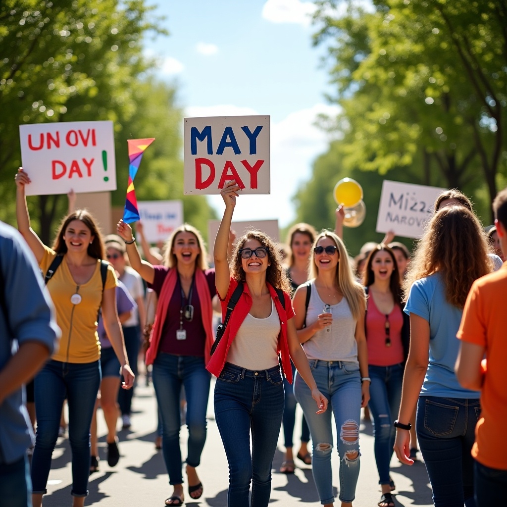 Cheerful group of young people walking in a parade. Signs promote May Day and social awareness. Bright and sunny atmosphere. Many smiling faces and colorful banners.