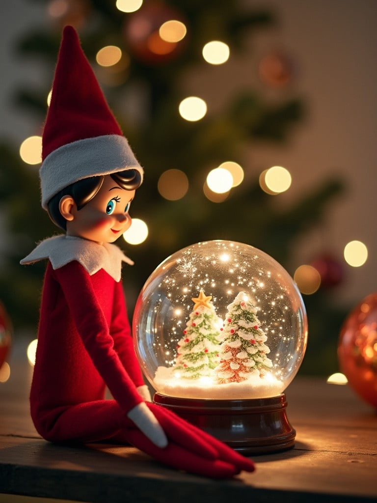 Elf on the shelf gazing into snow globe. The elf wears a red outfit with white accents. The snow globe contains small Christmas trees. A Christmas tree with lights forms the background. Atmosphere is festive and whimsical.