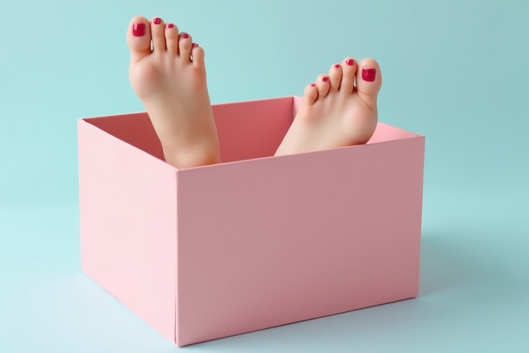 A pair of realistic female feet is inside a neatly placed pink box. The feet are well-groomed with painted toenails. A soft pastel blue serves as the background.