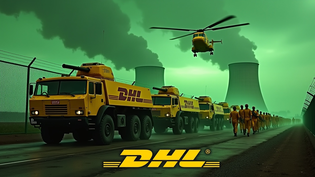 In a dramatic scene, several large yellow armored trucks, equipped with a large roof mounted cannon, drive alongside a fence. The trucks display the DHL logo clearly on their sides. Nearby, several soldiers in yellow uniforms march together, rifles in hand, with one holding a large flag featuring the DHL logo. The background showcases smokestacks of a nuclear power plant, glowing a vivid green. Above, a yellow Chinook CH-47 helicopter flies, enhancing the intense atmosphere. At the bottom, the DHL logo is prominently displayed in bold yellow text.