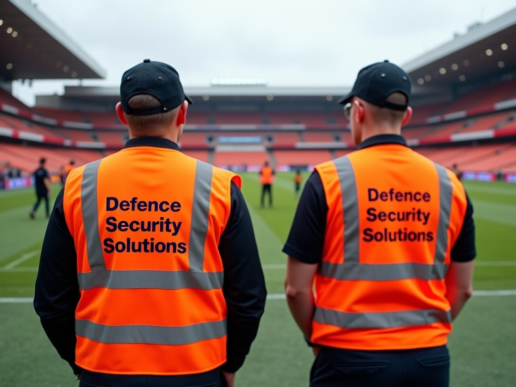 Two security personnel in orange high-visibility vests with 'Defence Security Solutions' printed on the back, standing in a sports stadium.